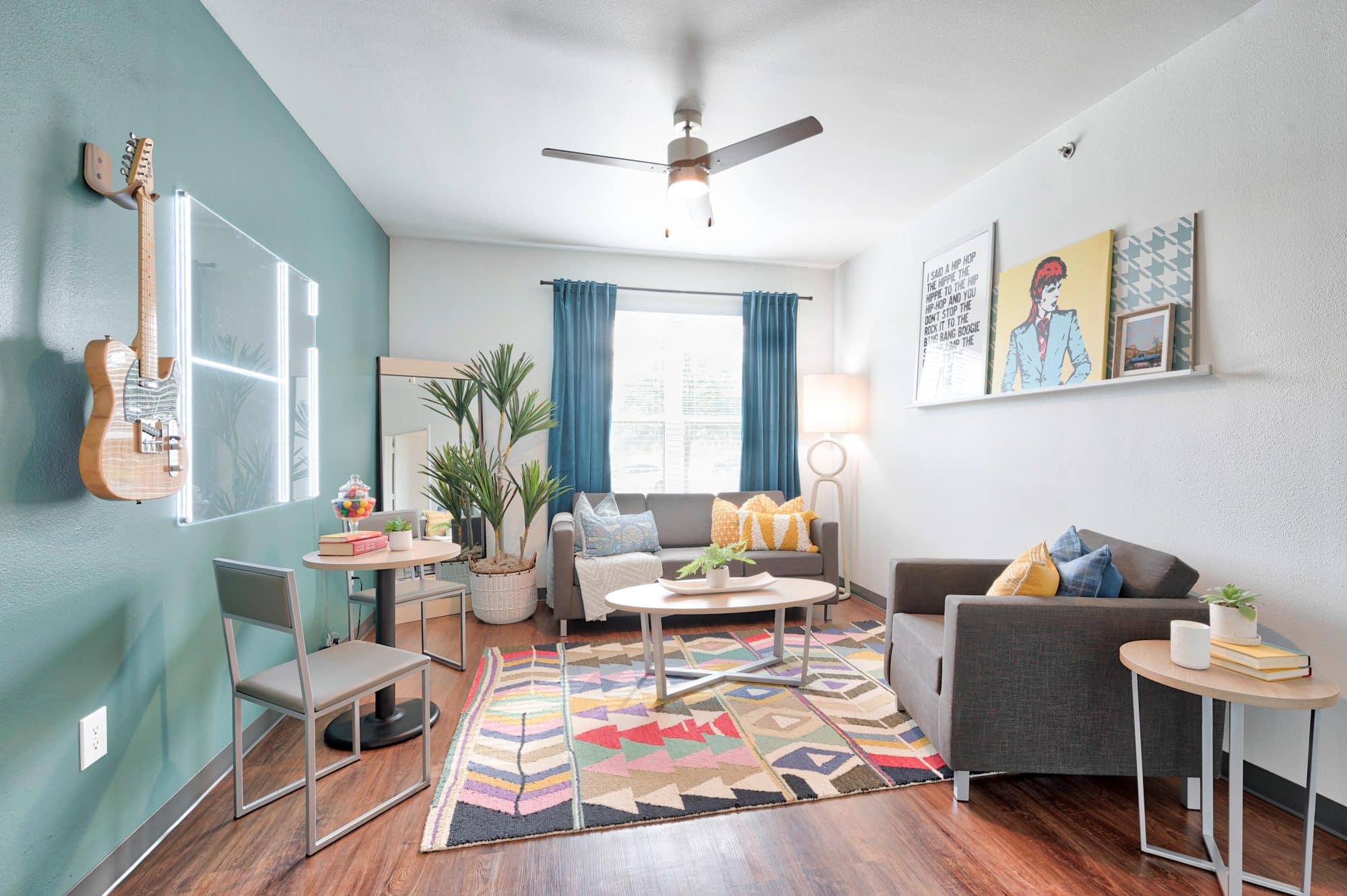 Apartment living room at Cambridge Hall's student community.